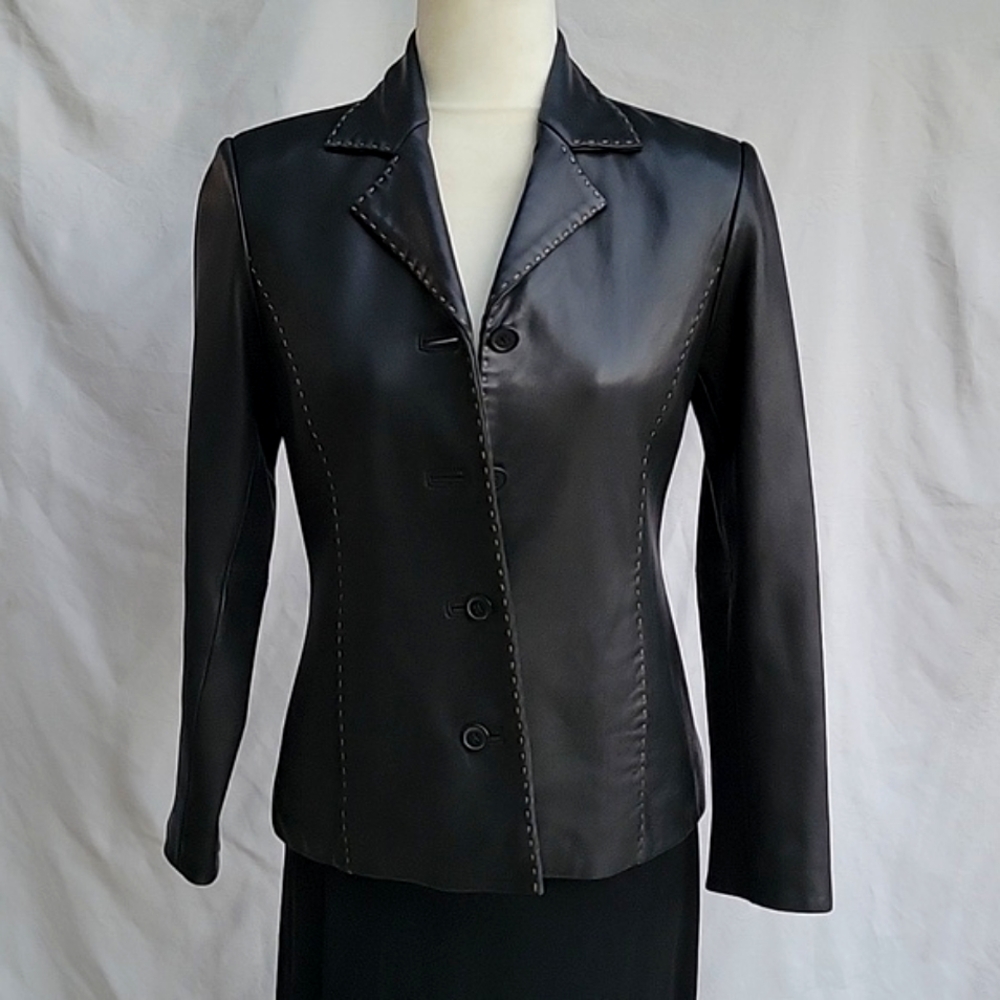 Black Leather Jacket By Petite Sofisticate in size SP.